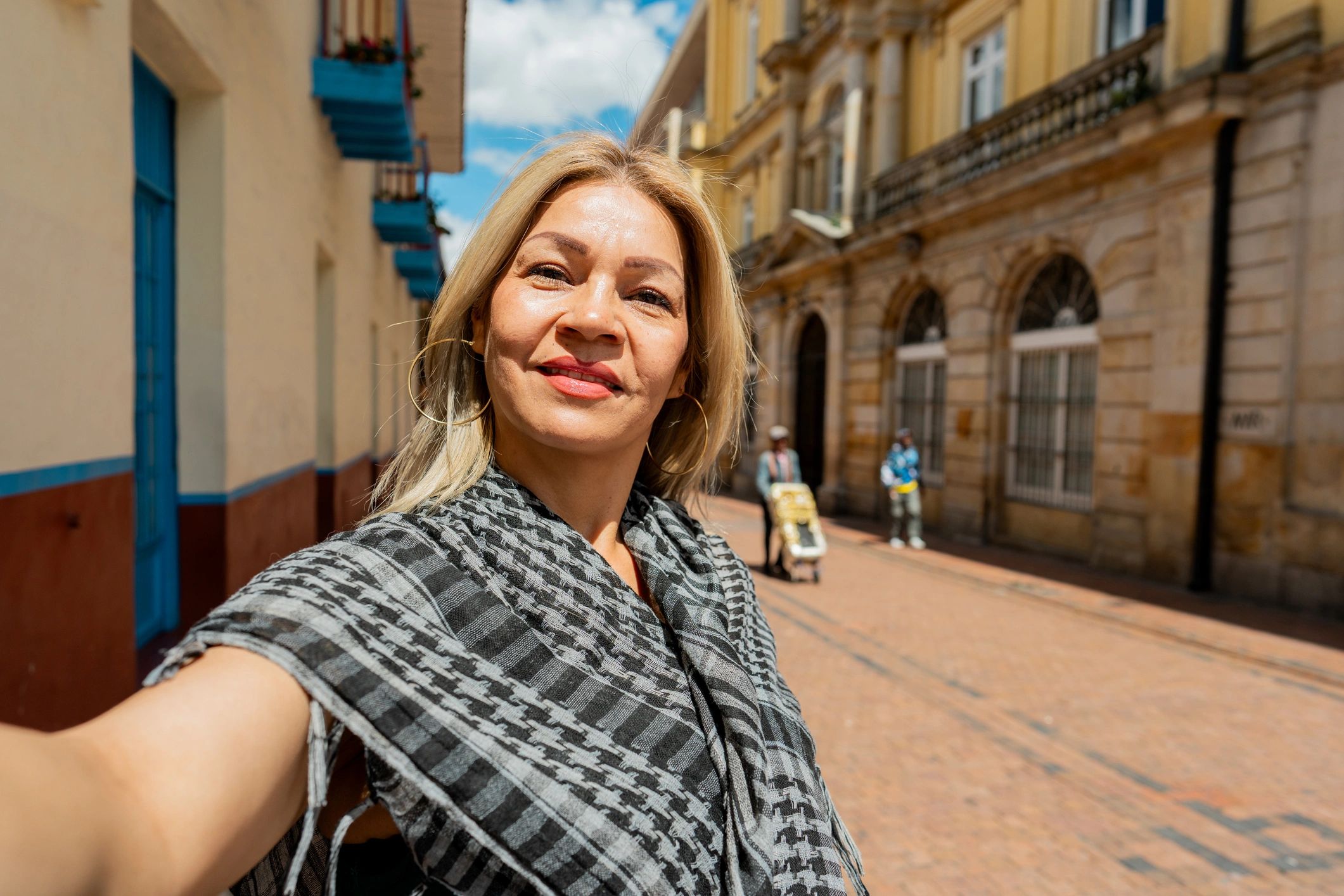 Traveler smiling confidently during a city trip